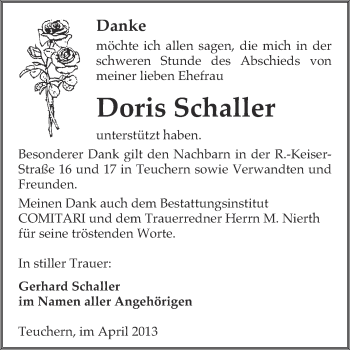 Traueranzeige von Doris Schaller von WVG - Wochenspiegel NMB / WSF / ZTZ