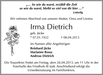 Traueranzeige von Irma Dietrich von Super Sonntag Dessau / Köthen