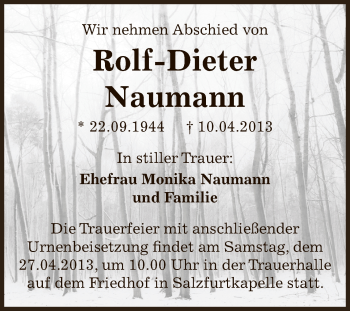 Traueranzeige von Rolf-Dieter Naumann von WVG - Wochenspiegel Bitterfeld