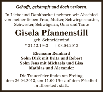 Traueranzeige von Gisela Pfannenstill von Super Sonntag Bernburg