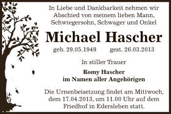 Traueranzeige von Michael Hascher von Super Sonntag SGH Mansf. Land
