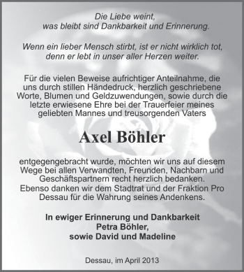 Traueranzeige von Axel Böhler von Super Sonntag Dessau / Köthen