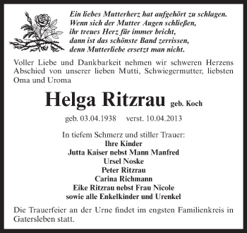 Traueranzeige von Helga Ritzrau von WVG - Wochenspiegel Aschersleben