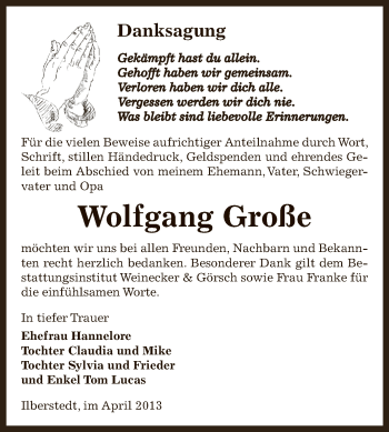 Traueranzeige von Wolfgang Große von Super Sonntag Bernburg