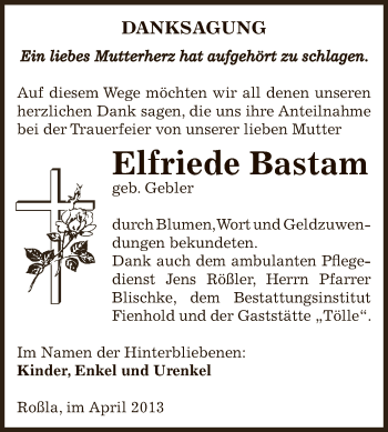 Traueranzeige von Elfriede Bastam von WVG - Wochenspiegel SGH