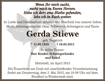 Traueranzeige von Gerda Stiewe von Wochenspiegel Mansfelder Land