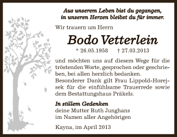 Traueranzeige von Bodo Vetterlein von Super Sonntag Zeitz