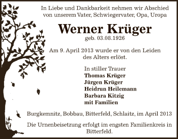 Traueranzeige von Werner Krüger von WVG - Wochenspiegel Bitterfeld