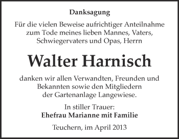 Traueranzeige von Walter Harnisch von WVG - Wochenspiegel NMB / WSF / ZTZ