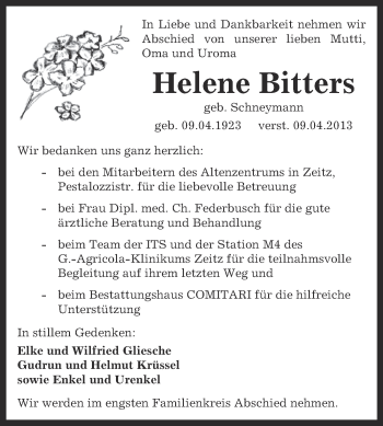 Traueranzeige von Helene Bitters von Super Sonntag Zeitz