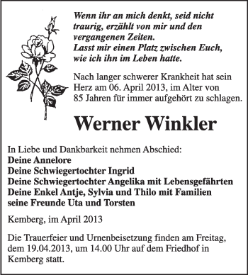Traueranzeige von Werner Winkler von WVG - Wochenspiegel Wittenberg