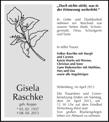 Traueranzeige von Gisela Raschke von Super Sonntag Wittenberg