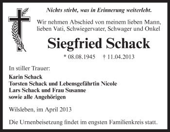 Traueranzeige von Siegfried Schack von Super Sonntag Aschersleben