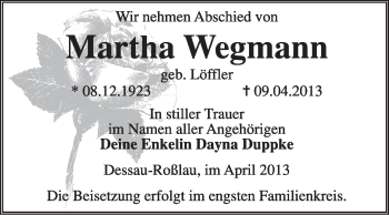Traueranzeige von Martha Wegmann von Super Sonntag Dessau / Köthen