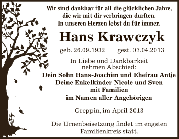 Traueranzeige von Hans Krawczyk von WVG - Wochenspiegel Bitterfeld