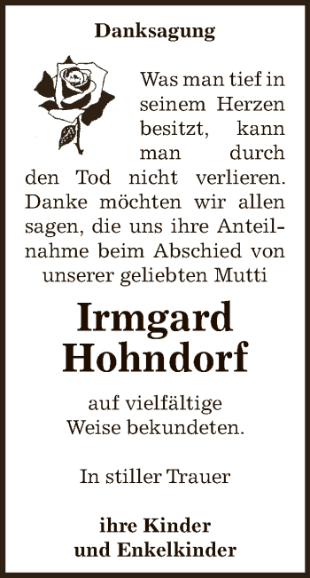 Traueranzeige von Irmgard Hohndorf von Super Sonntag Bernburg