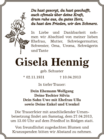 Traueranzeige von Gisela Hennig von WVG - Wochenspiegel Bitterfeld