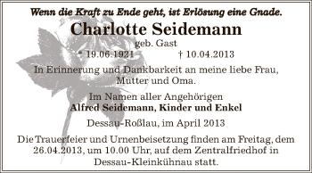 Traueranzeige von Charlotte Seidemann von WVG - Wochenspiegel Dessau / Köthen