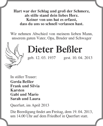 Traueranzeige von Dieter Beßler von WVG - Wochenspiegel Merseburg