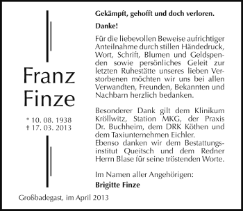 Traueranzeige von Franz Finze von Super Sonntag Dessau / Köthen