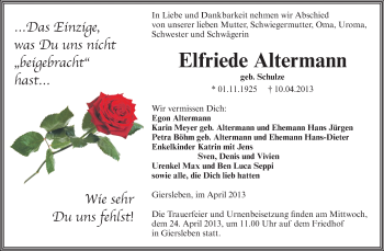 Traueranzeige von Elfriede Altermann von Super Sonntag Aschersleben