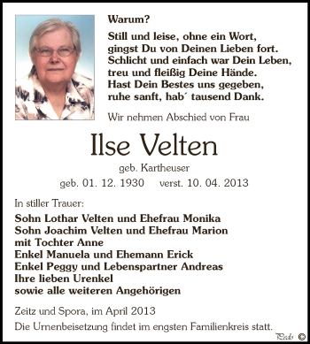 Traueranzeige von Ilse Velten von Super Sonntag Zeitz