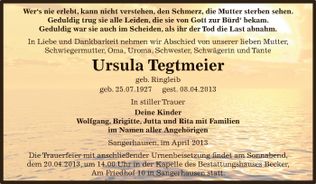 Traueranzeige von Ursula Tegtmeier von Super Sonntag SGH Mansf. Land