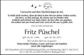 Traueranzeige von Fritz Püschel von Super Sonntag Dessau / Köthen