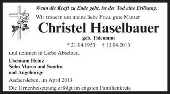 Traueranzeige von Christel Haselbauer von Super Sonntag Aschersleben