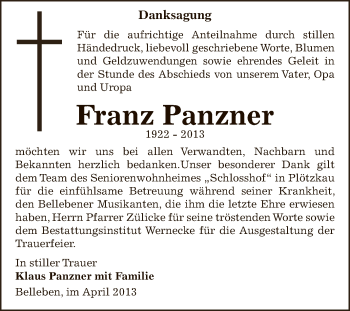 Traueranzeige von Franz Panzner von Super Sonntag SGH Mansf. Land
