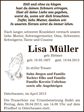Traueranzeige von Lisa Müller von WVG - Wochenspiegel SGH
