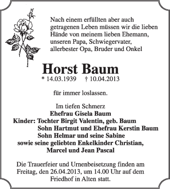 Traueranzeige von Horst Baum von Super Sonntag Dessau / Köthen