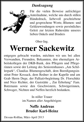 Traueranzeige von Werner Sackwitz von Super Sonntag Dessau / Köthen