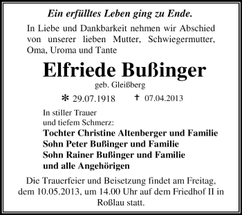 Traueranzeige von Elfriede Bußinger von Super Sonntag Dessau / Köthen