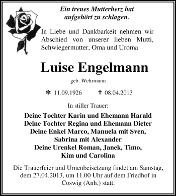 Traueranzeige von Luise Engelmann von Super Sonntag Dessau / Köthen