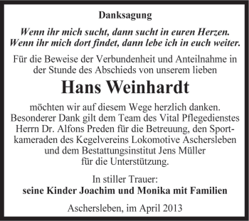 Traueranzeige von Hans Weinhardt von WVG - Wochenspiegel Aschersleben