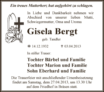 Traueranzeige von Gisela Bergt von WVG - Wochenspiegel Dessau / Köthen