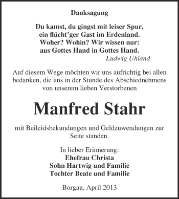 Traueranzeige von Manfred Stahr von WVG - Wochenspiegel NMB / WSF / ZTZ