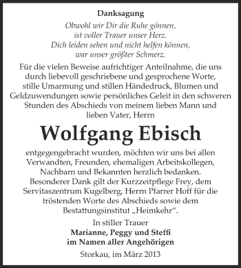 Traueranzeige von Wolfgang Ebisch von WVG - Wochenspiegel NMB / WSF / ZTZ