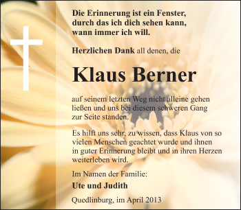 Traueranzeige von Klaus Berner von WVG - Wochenspiegel Quedlinburg