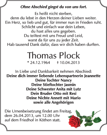 Traueranzeige von Thomas Plock von Super Sonntag Dessau / Köthen