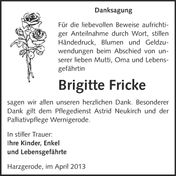 Traueranzeige von Brigitte Fricke von Super Sonntag Quedlinburg