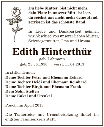 Traueranzeige von Edith Hinterthür von WVG - Wochenspiegel Bitterfeld