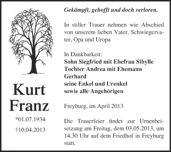 Traueranzeige von Kurt Franz von WVG - Wochenspiegel NMB / WSF / ZTZ