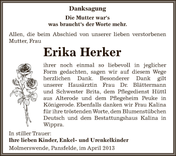 Traueranzeige von Erika Herker von Super Sonntag SGH Mansf. Land