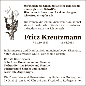 Traueranzeige von Fritz Kreutzmann von WVG - Wochenspiegel Dessau / Köthen