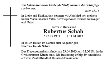 Traueranzeige von Robertus Schab von Super Sonntag Dessau / Köthen