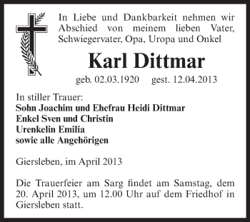 Traueranzeige von Karl Dittmar von WVG - Wochenspiegel Aschersleben