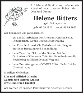 Traueranzeige von Helene Bitters von WVG - Wochenspiegel NMB / WSF / ZTZ
