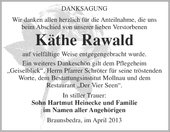 Traueranzeige von Käthe Rawald von WVG - Wochenspiegel Merseburg